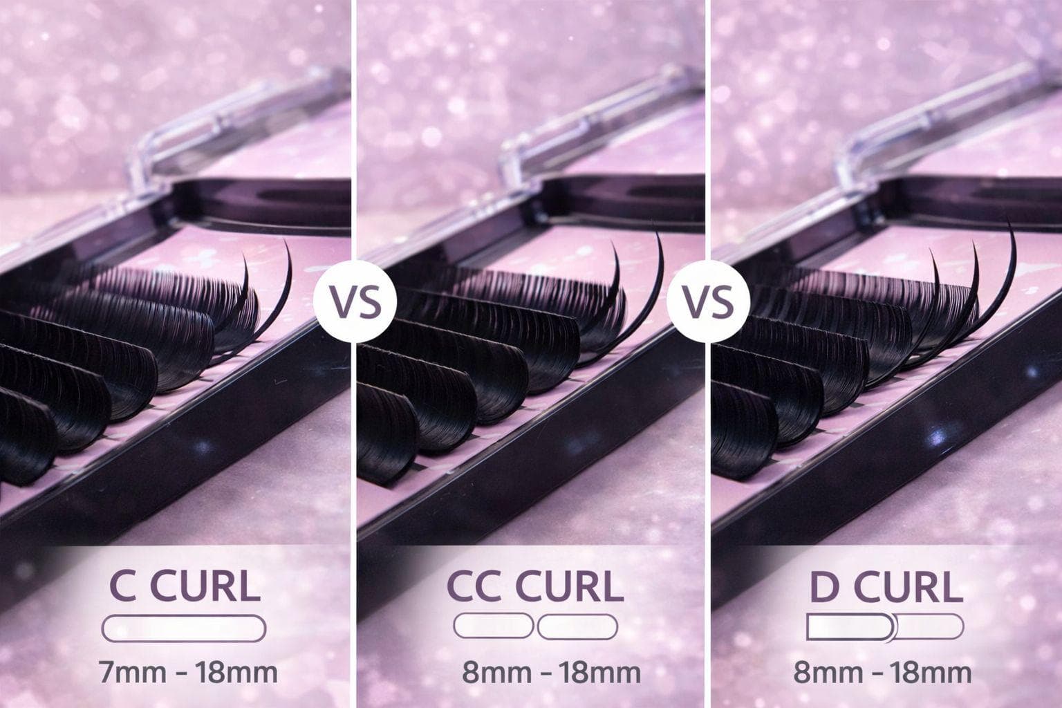 C, CC and D curl lash trays compared side by side